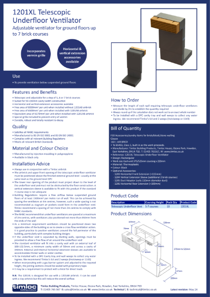 Timloc Building Products 1201XL Telescopic Underfloor Ventilator Datasheet