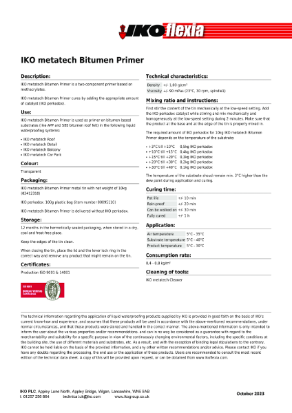 Technical Data Sheet (TDS) - IKO metatech Bitumen Primer