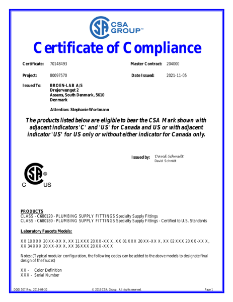 CSA US + C - Laboratory Faucets