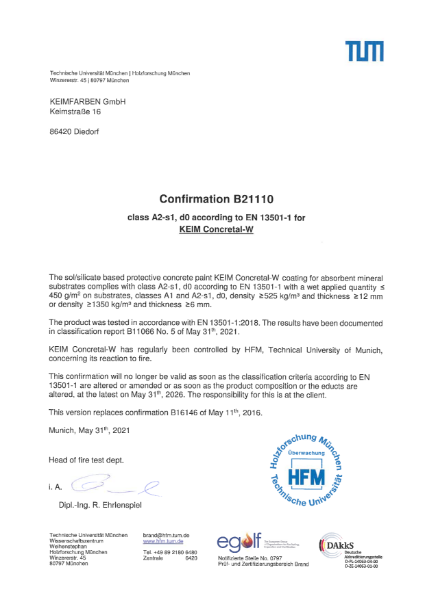 Keim Concretal W Fire Certificate B21110 May 2021