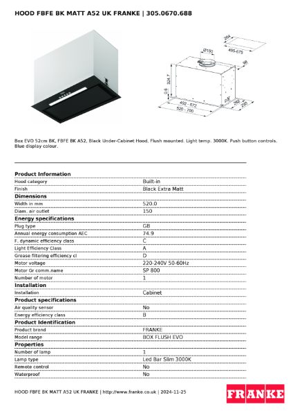 Franke Box EVO 52cm Black FBFE BK MATT A52 Under Cabinet Hood