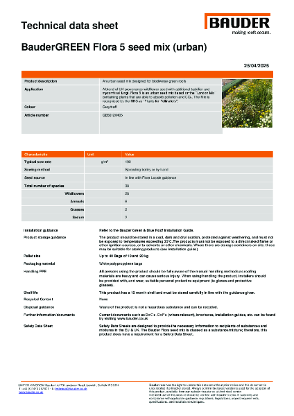 BauderGREEN Flora 5 Seed Mix - Technical Data Sheet