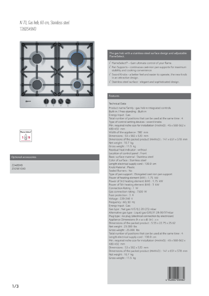 Stainless steel gas hobs T26DS49N0, Datasheet