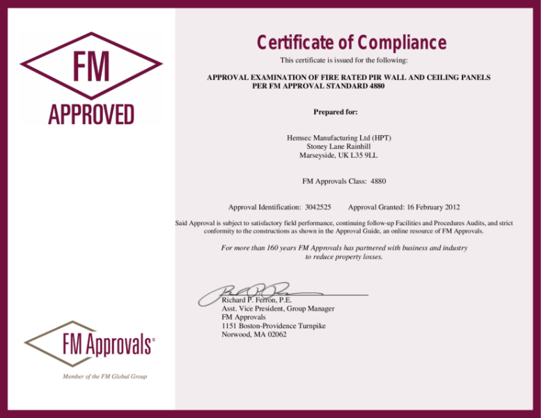 Hemsec Metal Faced FM 4880 Certificate