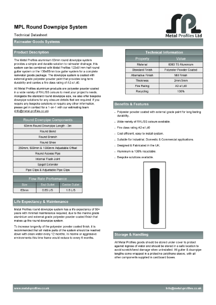 Metal Profiles - Round Downpipe System TDS (63mm)