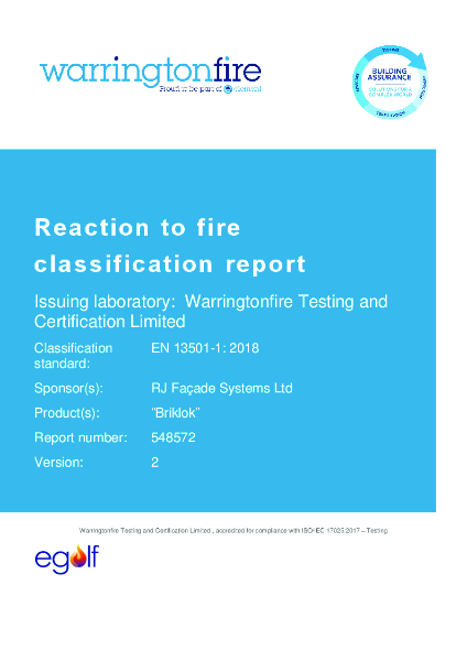 REACTION TO FIRE - CLASSIFICATION REPORT EUI-22-000041