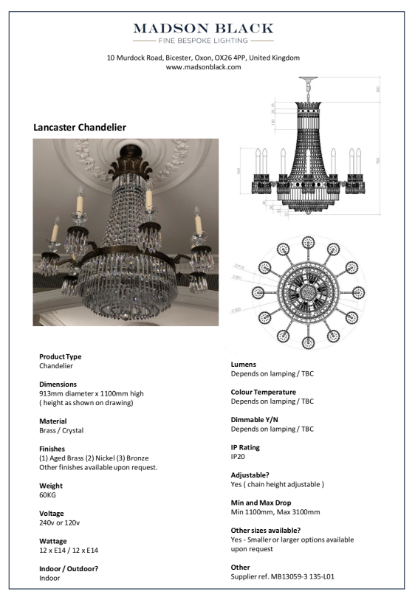 Lancaster Chandelier Technical Data Sheet