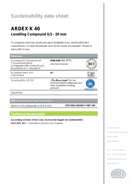 Ardex K 40 Sustainability Data Sheet