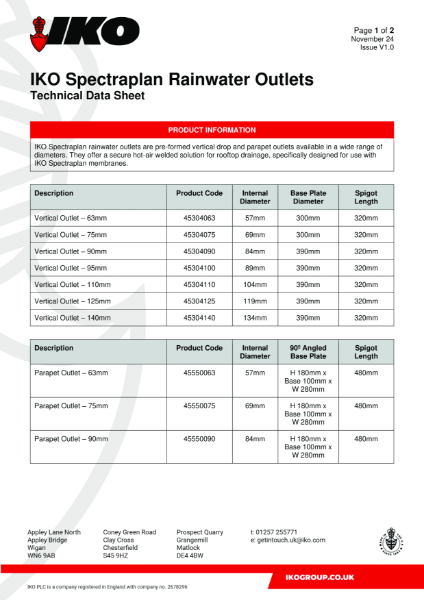 Technical Data Sheet (TDS) - IKO Spectraplan Rainwater Outlets