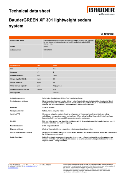 BauderGREEN XF 301 lightweight sedum system - Technical Data Sheet