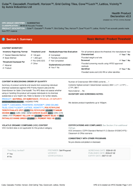 Health Product Declaration - Cube™, Cascade®, Frontier®, Horizon™, Grid Ceiling Tiles, Cove™/Loch™, Lattice™, and Vicinity™
