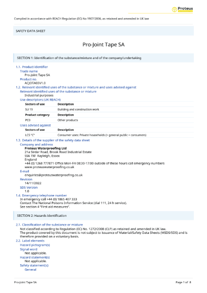 Material Safety Data Sheet - Proteus Pro-Joint Tape SA