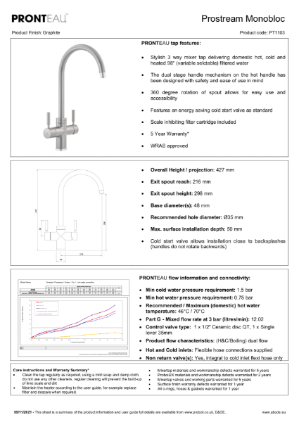 PT1103 Prostream (Graphite), 3 IN 1 Steaming Hot Water Tap - Consumer Specification