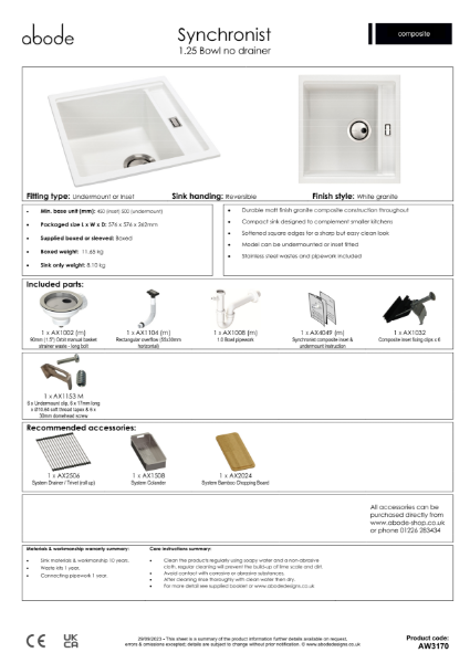 Synchronist Sink Compact. 1.25 Bowl, No Drainer. Matt White. Specification Sheet.