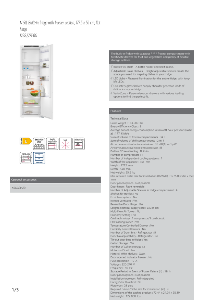 N 50, Built-in fridge with freezer section, 177.5 x 56 cm, flat
hinge
KI2822FE0G