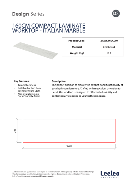 Zara 160 cm Width 12 mm Compact Laminate Worktop - Italian Marble