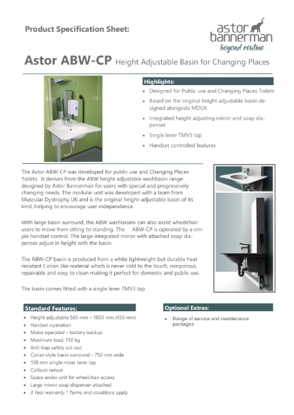 Changing Places Height Adjustable Washbasin ABW-CP Spec Sheet