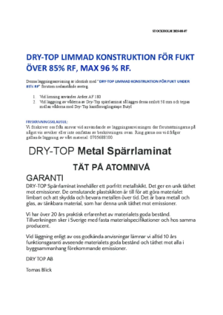 Limmad Konstruktion for Fukt Over 85% RF-1 Produktblad
