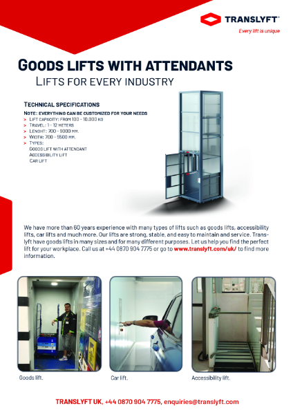 Goods lift with attendant data sheet