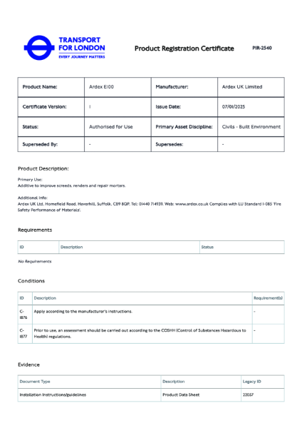 Transport For London Product Registration Certificate - ARDEX E 100