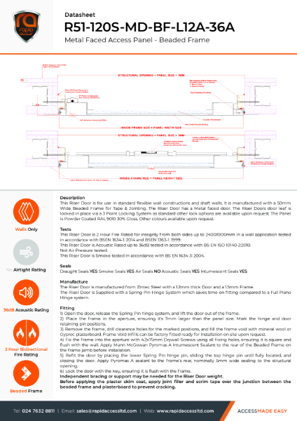 Datasheet - Metal Faced Riser Door Beaded Frame 2 Hour Fire Rated Smoke Tested 36dB Acoustic R51-120S-MD-BF-L12A-36A