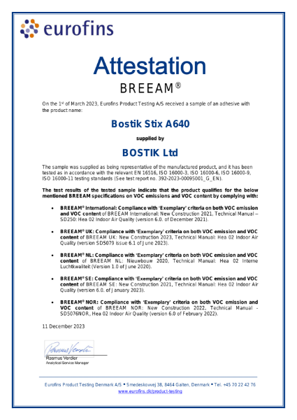Bostik Stix A640 Pressure Sensitive - BREEAM Attestation