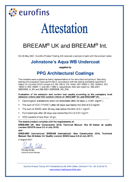 BREEAM Attestations - Eurofins Product Testing - Johnstone's Aqua Water Based Undercoat