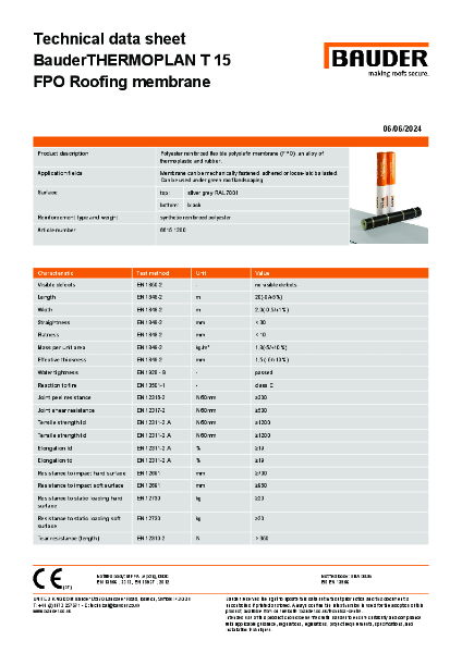 BauderTHERMOPLAN T15 FPO membrane (Silver Grey, 2 wide) - Technical Data Sheet