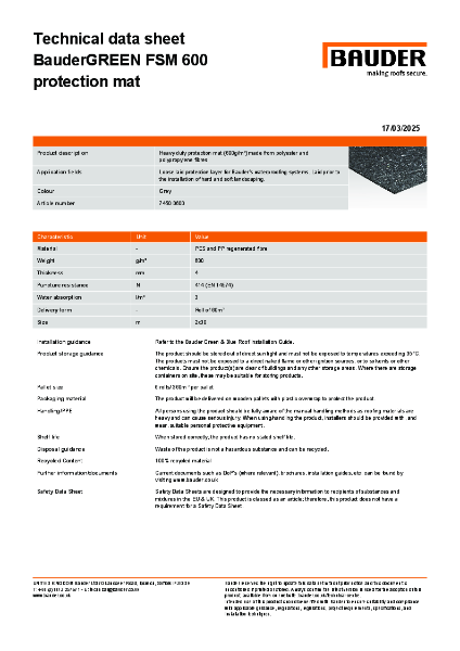 BauderGREEN FSM 600 protection mat - Technical data sheet