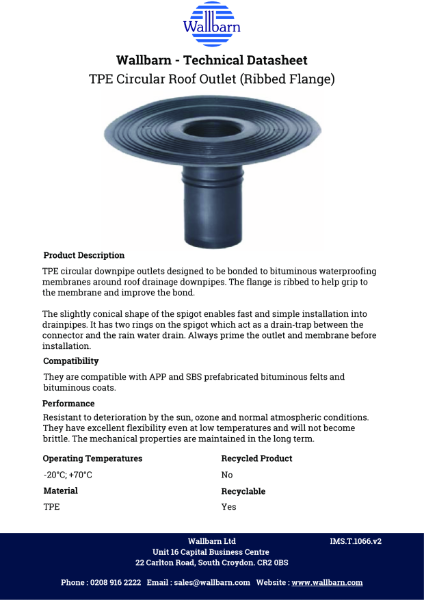 Datasheet - TPE Circular Roof Outlet Round Shank 240mm (L) (Ribbed Flange)