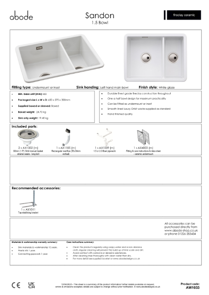AW1033 Sandon. Ceramic Undermount & Inset Sink (1.5 Bowl Full Depth LH Main) - Consumer Specification