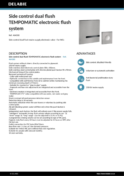 TEMPOMATIC WC control plate with remote flush mains Data Sheet - 464300