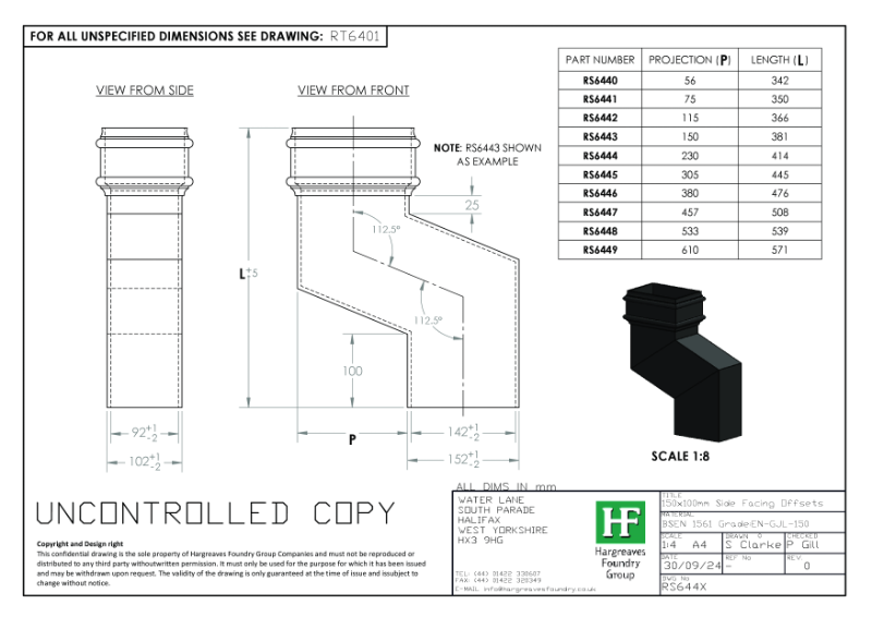150x100mm Side Facing Rainwater Offsets Drawing