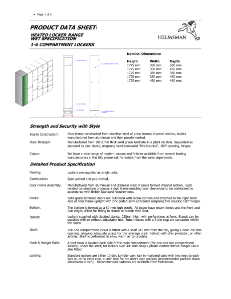 Heated Lockers - Product Data Sheet - 1-6 Compartments