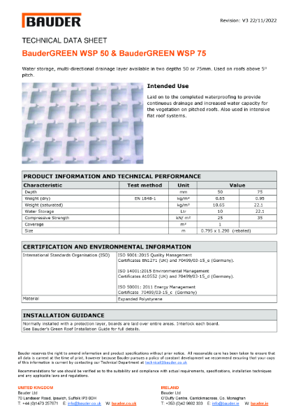 BauderGREEN WSP 50 & 75 reservoir boards - Technical data sheet