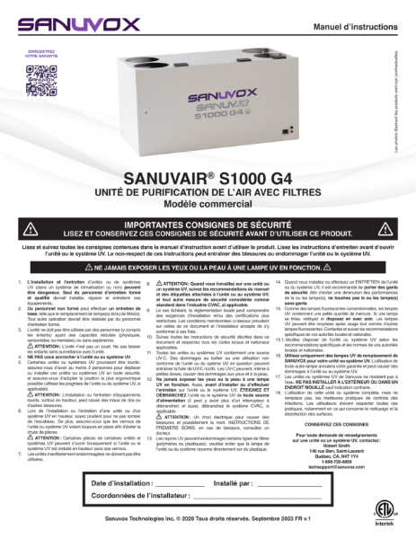 Manuel d'instructions du Sanuvair S1000 G4 (FR)