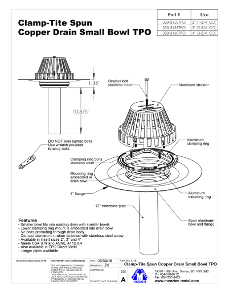 TECHNICAL DRAWING - CLAMP-TITE SPUN COPPER DRAIN SMALL BOWL - TPO (thermoplastic polyolefin)