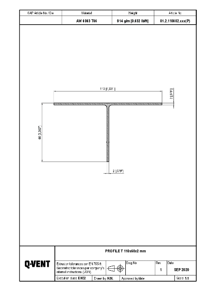 Q Vent - Profile T 110 x 60 x 2 mm - Technical Drawing