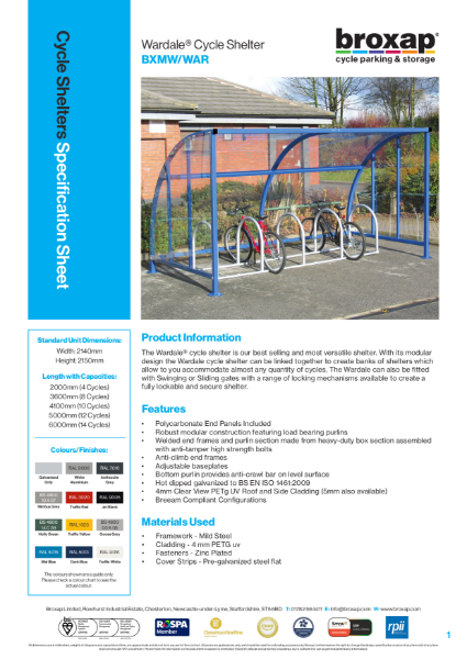 Wardale Cycle Shelter Specification Sheet