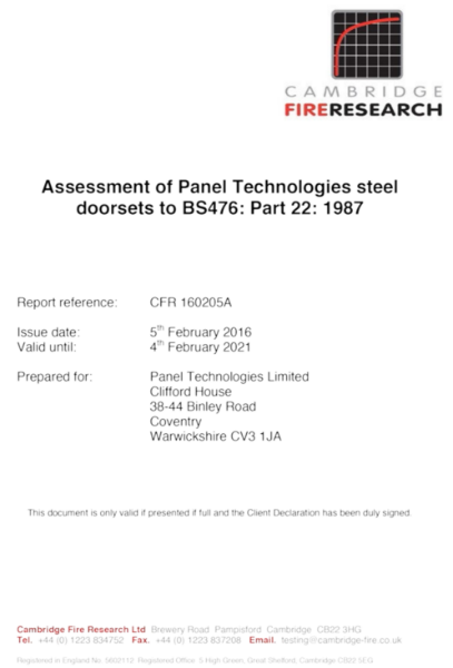 Assessment of Panel Technologies steel doorsets Certificate CFR 160205A