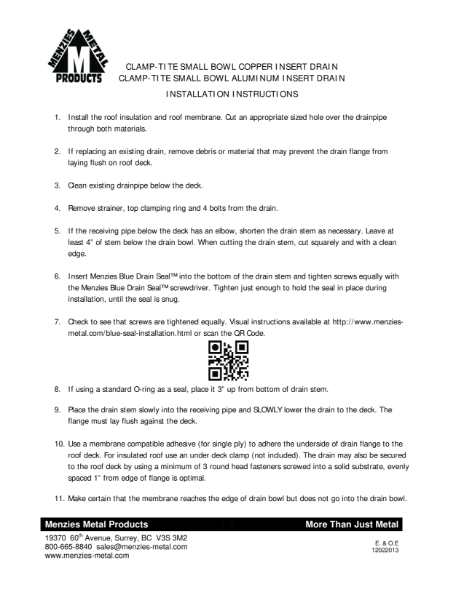 INSTALLATION INSTRUCTIONS - CLAMP-TITE CU SMALL BOWL