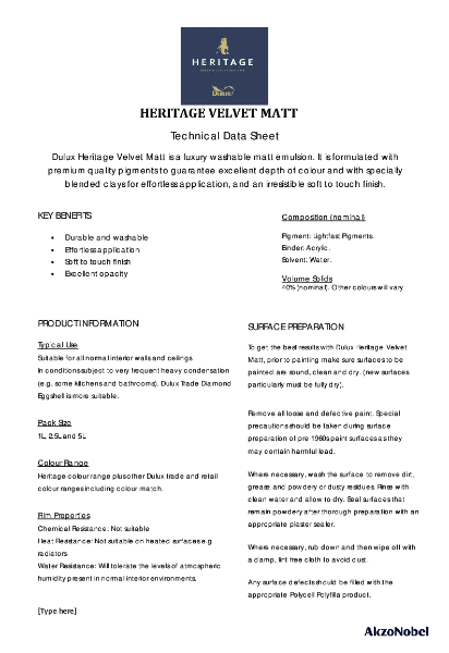 Dulux Heritage Velvet Matt Technical Data Sheet