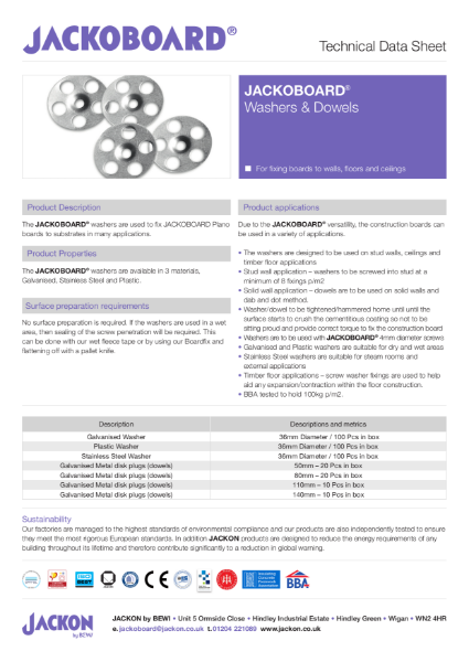 JACKOBOARD® Washers And Dowels Technical Data Sheet