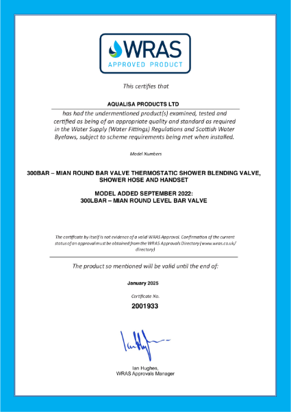 300BAR WRAS Approval Certificate
