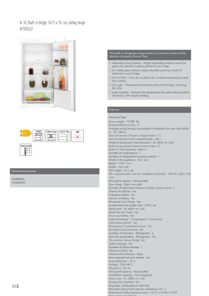 N 30, Built-in fridge, 102.5 x 56 cm, sliding hinge
KI1311SE0