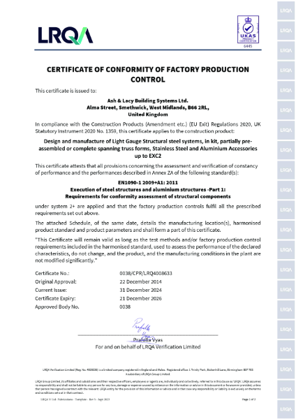 LRQA - Certificate No: 0038/CPR/LRQ4008633 - SFS - AshJack - AxiAL Brackets & Rails