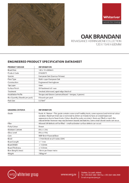 120 x 19 x 600mm Renaissance Oak Brandani Herringbone Spec Sheet