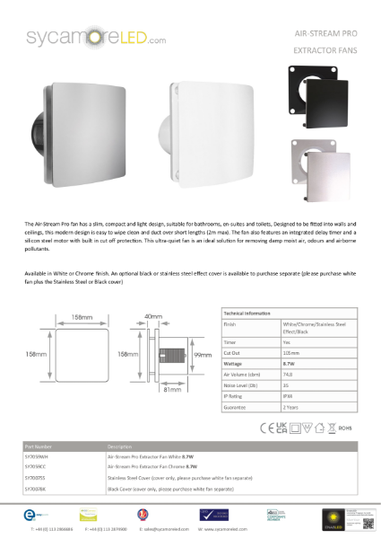 Specification Sheet for Air Stream Pro Extractor Fan