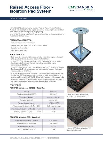 Raised Access Floor -  Isolation Pad System - Technical Data Sheet