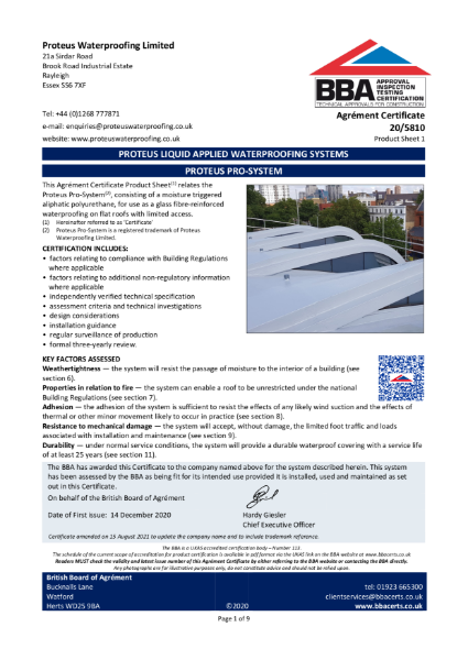 BBA - Proteus Pro-System® - Product Sheet 1 (25 Year Fully Reinforced)